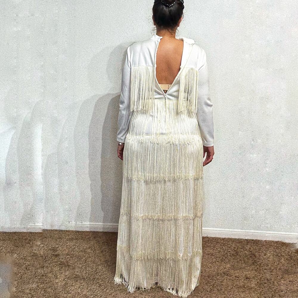 White Vintage Fringe Long Sleeve Maxi Dress Sz M - Picture 11 of 13